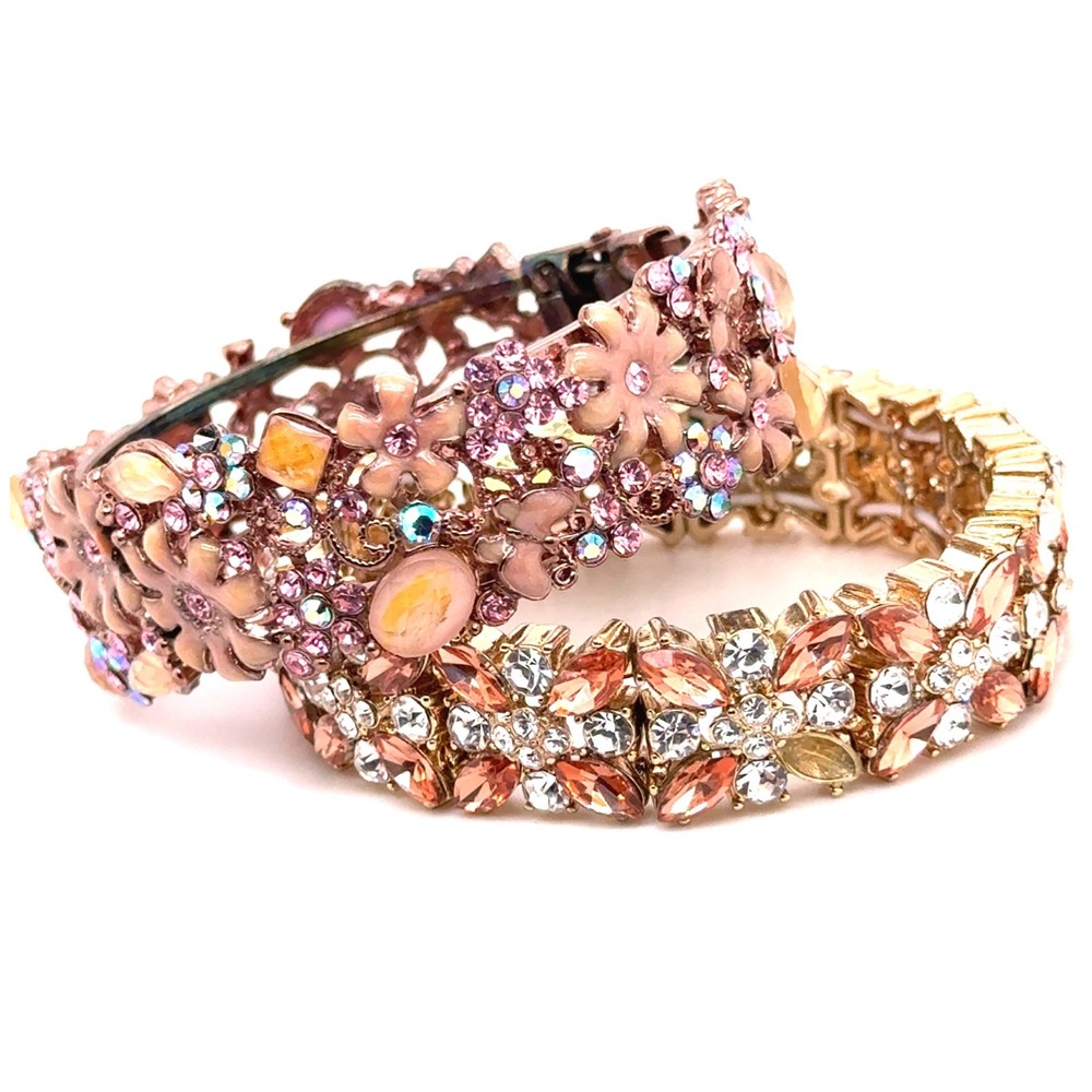 Charter Club Floral Crystal Bangle Stretch Bracelet Set Rose Gold Gold Tone 2pc
